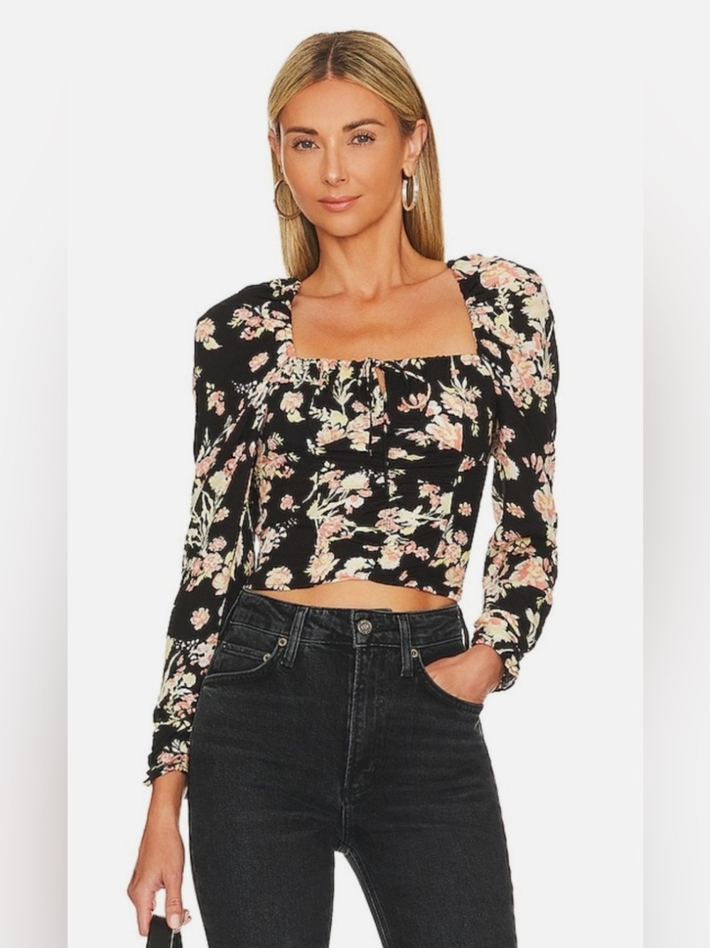 Free People 100% Viscose Black Floral Square-Neck Long Sleeve Crop Top